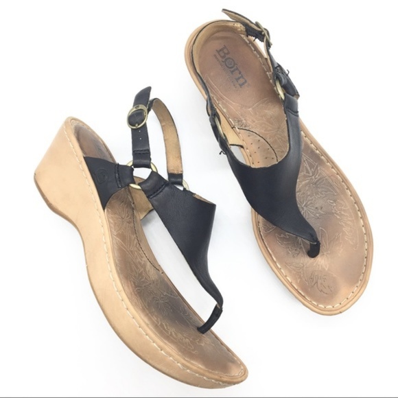 Born Shoes - BORN Platform Sandals Black Leather T Strap 7